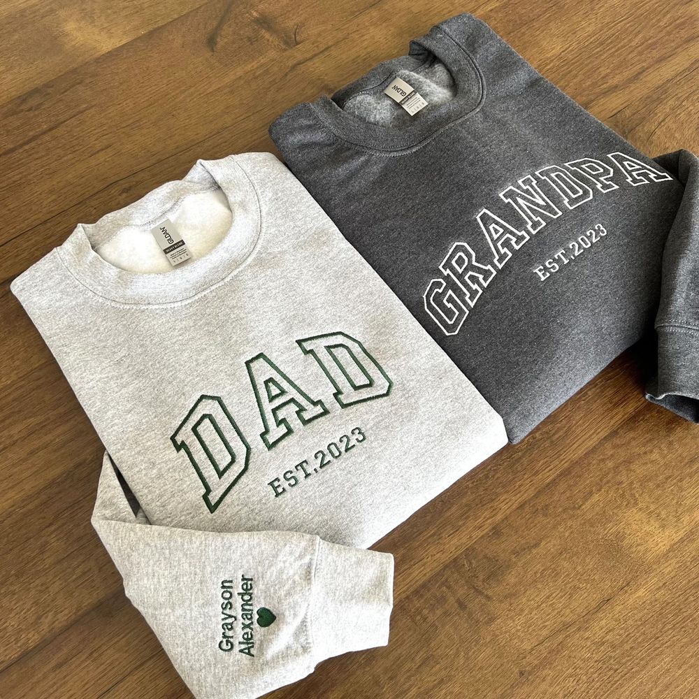 Custom Embroidered Sweatshirt, Name On Sleeve With Heart, Grandpa Shirt With Date, Daddy Est Year Shirt, Gift For New Dad, Father's Day Gift | Zeerba - Demo